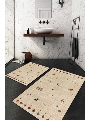 Mikasso Dijital Baskılı Kaymaz Taban Yıkanabilir 2'li Klozet Takımı Banyo Paspası NDKZ-SD-951 Polyester Bej