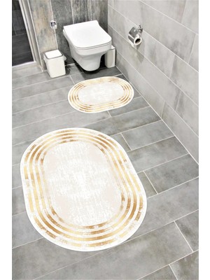 Mikasso Su Emici Yumuşak Kaymaz Sünger Dolgulu Yıkanabilir Dekoratif Banyo Paspası Takımı 1073GOLD Oval Poly