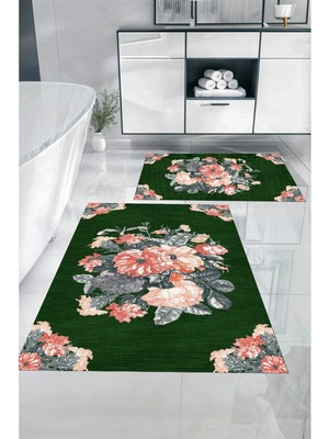 Mikasso Dijital Baskılı Yıkanabilir Kaymaz Taban Çiçek Detaylı Banyo Paspası Klozet Takımı Polyester Yeşil