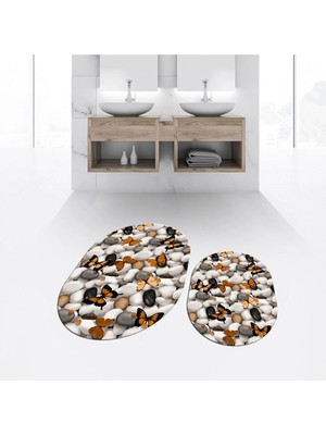Mikasso Dijital Baskılı Kaymaz Taban Yıkanabilir Oval Ikili Banyo Paspas Klozet Takımı, V-O-Klozet-44-Kahve,
