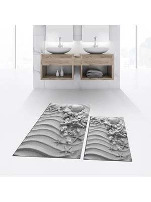 Mikasso Dijital Baskılı Kaymaz Taban Yıkanabilir Ikili Banyo Paspas Klozet Takımı, V-Klozet-48-Gri, Polyeste