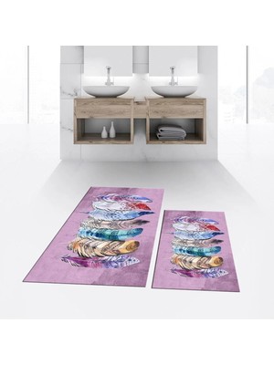 Mikasso Dijital Baskılı Kaymaz Taban Yıkanabilir Ikili Banyo Paspas Klozet Takımı, V-Klozet-25-Pembe, Polyes