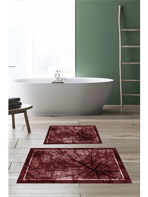 Mikasso Dijital Baskılı Kaymaz Taban Yıkanabilir Banyo Paspası 2'li Klozet Takımı Halısı Polyester Bordo