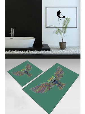 Mikasso Dijital Baskılı Kaymaz Yıkanabilir Kuş Desen Ikili Banyo Takımı Klozet Takımı, N-Klozet-37-Yeşil, Po