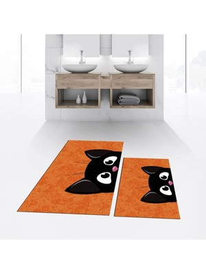 Mikasso Dijital Baskılı Kaymaz Taban Yıkanabilir Ikili Banyo Paspas Klozet Takımı, V-Klozet-40-Turuncu, Poly