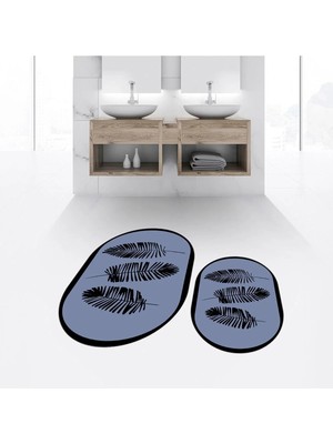 Mikasso Dijital Baskılı Kaymaz Taban Yıkanabilir Oval Ikili Banyo Paspas Klozet Takımı, V-O-Klozet-26-Mavi,