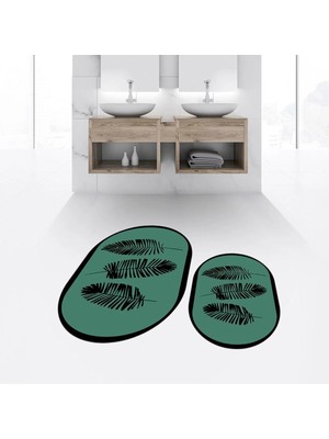 Mikasso Dijital Baskılı Kaymaz Taban Yıkanabilir Oval Ikili Banyo Paspas Klozet Takımı, V-O-Klozet-26-Yeşil,
