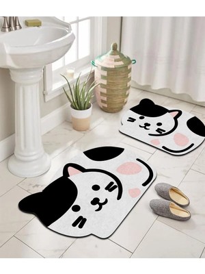 Mikasso Dijital Baskılı Kaymaz Taban Sevimli Kedicik Banyo Paspası Ikili Klozet Takımı (40X60) (60X100)-P20