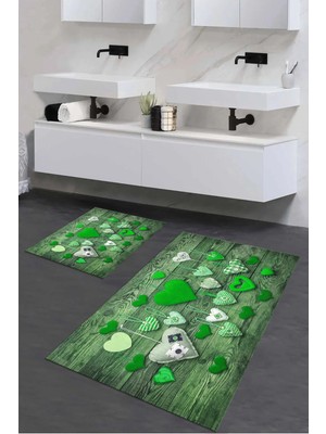 Mikasso Dijital Baskılı 3D Kaymaz Yıkanabilir Banyo Paspası 2'li Klozet Takımı Halısı Polyester Yeşil