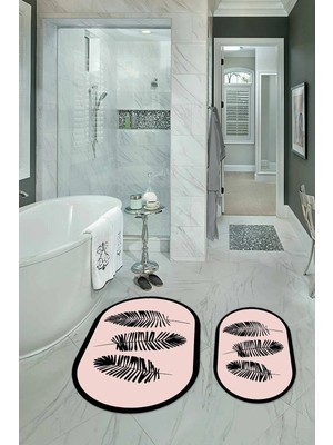 Mikasso Dijital Baskılı Kaymaz Yıkanabilir Yaprak Oval Banyo Takımı Klozet Takımı Polyester Pembe