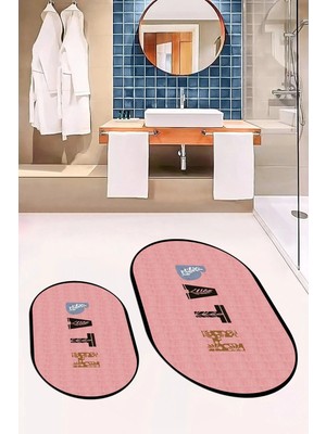 Mikasso Dijital Yıkanabilir Kaymaz Renkli Bath Yazılı Ikili Oval Banyo Paspası Klozet Takımı Polipropilen Pe
