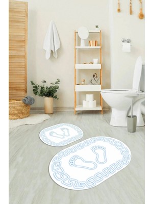 Mikasso Dijital Baskılı Kaymaz Yıkanabilir Ayak Desen Oval Banyo Takımı Klozet Takımı Polyester Beyaz