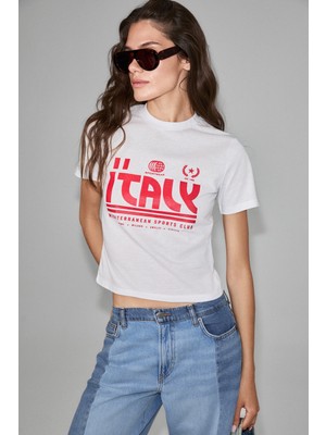 Ethiquet Algher Kadın Baskı Desenli Kısa Kollu Organik Pamuklu Bisiklet Yaka Crop Beyaz T-Shirt