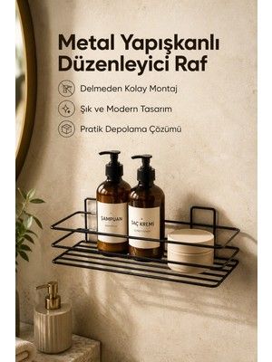 Mikasso Banyo ve Mutfak Için Paslanmaz Siyah Metal Yapışkanlı Düzenleyici Raf Metal Siyah