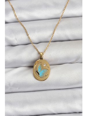 Marsilyan 316L Çelik Zincir Gold Renk Kelebek Figür Kadın Kolye 5886