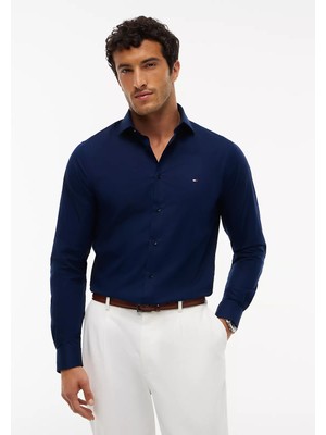Tommy Hilfiger Erkek Dar Kesim Organik Pamuklu Logo Detaylı Uzun Kollu Lacivert Gömlek MW0MW43122-DCC