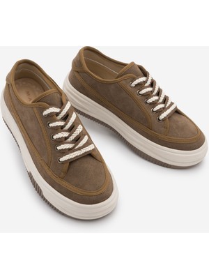 Marjin Kadın Sneaker Yüksek Taban Bağcıklı Spor Ayakkabı Kotnel Tütün Kahve Süet