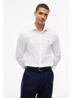 Tommy Hilfiger Erkek Dar Kesim Organik Pamuklu Logo Detaylı Uzun Kollu Beyaz Gömlek MW0MW43122-YBR