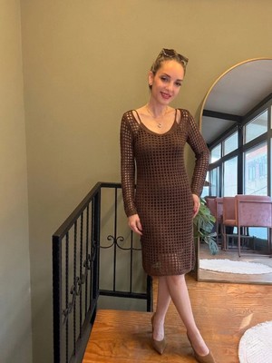 Ali Butik Kahve Uzun Kollu File Örgü Crochet Elbise