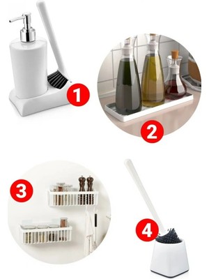 Mikasso Banyo Mutfak Sabunluk Organizer Fırça Set 4lü Silikon Beyaz