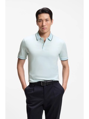 Boss Erkek Dar Kesim Nefes Alabilen Merserize Pamuklu Kısa Kollu Açık Mavi Polo Yaka T-Shirt 50565587-499