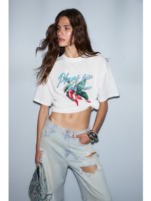 Grimelange Cassıane Kadın Bisiklet Yaka Kısa Kollu Ön ve Arka Baskılı Regular Beyaz T-Shirt