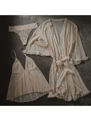 Bonbon Kadın Çeyizlik ve Bohçalık Tül Transparan Ekru Renk Babydoll, String ve Sabahlık 3 Lü Paket BB2686