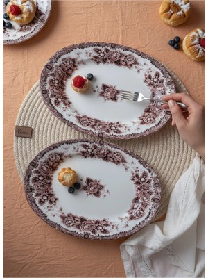 Kütahya Home Burgundy Romance 2'li 25 cm Desenli Porselen Kayık Salata Takımı – Şık Sofra Seti Bordo Vintage