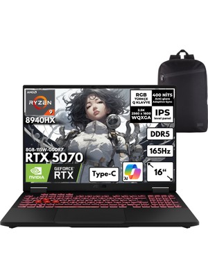 Asus Tuf Gaming A16 Ryzen 9-8940HX 32-Gbddr5 1 Tbssd RTX5070 (8GB-115W-GDDR7) 16" Wqxga 165Hz Windows 11 Home + Qb Sırt Çantası FA608PP-QT031QB25