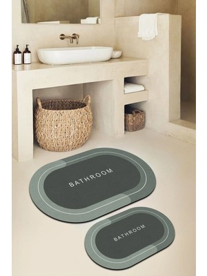 Mikasso Dijital Baskılı Kaymaz Taban Yeşil Oval Banyo Paspası Ikili Klozet Takımı (40X60) (60X100)-P24 Polye