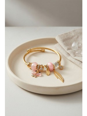 Hatıra Kutusu Kelebek Model Gold Renk Pembe Charmlı Bileklik - Lisinya