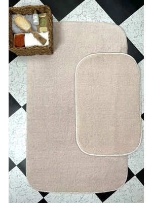 Mikasso Bej Banyo Paspas Takımı 2'li Yumuşak Pelüş Tüylü Kaymaz Tabanlı ( 60X100 / 40X60 ) Polyester Bej