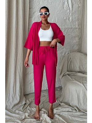 TeknoKapsül Modagen Kadın Fuşya Pembe Kimono Alt Üst Havuç Pantolon Takım