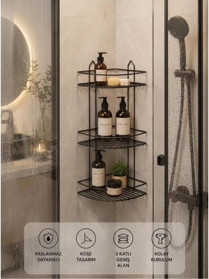 Mikasso Premium Siyah Mat 3 Katlı Banyo Köşe Rafı - Paslanmaz Şampuanlık ve Banyo Köşeliği Metal Siyah