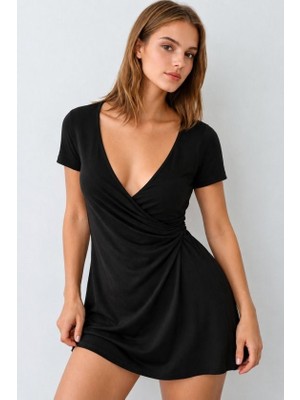 Mareandpanda Kadın Kısa Kollu Derin Kruvaze Yakalı Kısa Viskon Elbise