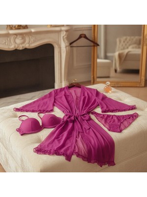 Bonbon Kadın Çeyizlik ve Bohçalık Tül Transparan Mor Renk Sütyen, Slip ve Sabahlık 3 Lü Paket BB2685