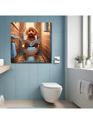 Mikasso Tekli Kare Kanvas Banyo Tablosu Gazete Okuyan Kahverengi Poodle Kanvas Çok Renkli Çerçevesiz