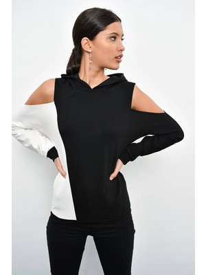 TeknoKapsül Cool & Sexy Kadın Siyah Renk Bloklu Omuzları Açık Sweatshirt B23