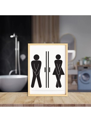 Mikasso Yazı Banyo Ahşap Çerçeveli Komik Man-Woman Wc Toilet Humorous Tekli Tablo Ahşap Bej