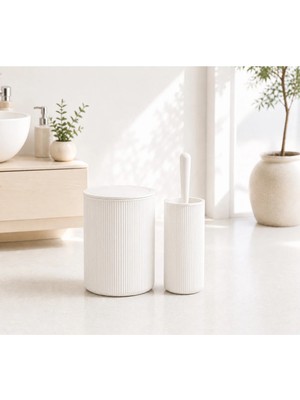 Mikasso Modern Çizgili Banyo Çöp Kovası (6,25 Litre) & Tuvalet Fırçası Seti – Ikili Set, Dayanıklı Plastik P