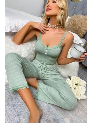 Merry See Dantel Askılı Ribanalı Crop ve Uzun Dantel Paça Pijama Takımı
