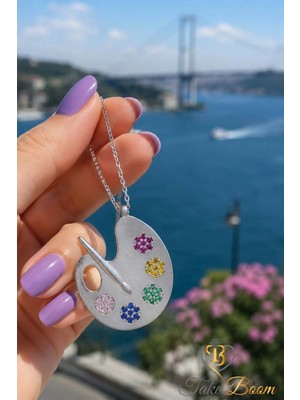 TB Takı Boom Kadın Ressam Kolyesi, Resim Paleti Tuval Kolye, 925 Ayar Gümüş Kolye