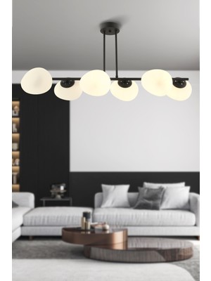 Apliqa *beyaz Camlı*tristan 6'lı Sıralı Siyah Modern Yemek Masası Üstü, Salon Avize