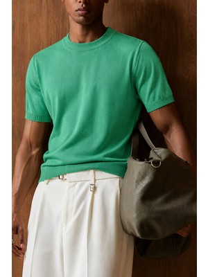 Tarz Cool Erkek Bisiklet Yaka Kısa Kollu Ince Triko Slim Fit Günlük Şık Triko T-Shirt