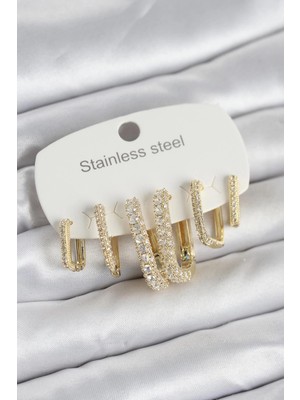 Belle Fusion Mey Ithalat® 316L Çelik Gold Renk 6'lı Set Zirkon Taşlı Kadın Küpe