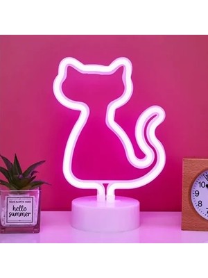 Belle Fusion Mey Ithalat® Neon Kedi Masa Gece Lambası Pembe Işık