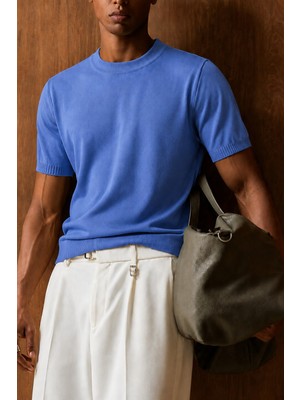 Tarz Cool Erkek Bisiklet Yaka Kısa Kollu Ince Triko Slim Fit Günlük Şık Triko T-Shirt