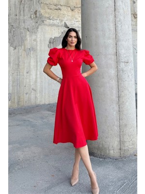 Sindi Moda Manolya Karpuz Kol Midi Elbise