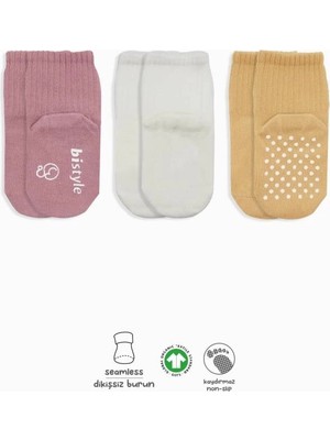 Belle Fusion Mey Ithalat®   Basic Kaymaz Penye Soket Çorap 3'lü BS10107 Pudra Ekru Somon
