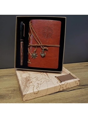 Belle Fusion Mey Ithalat® Deri Pusula Tasarımlı Defter ve Metal Kalem Seti